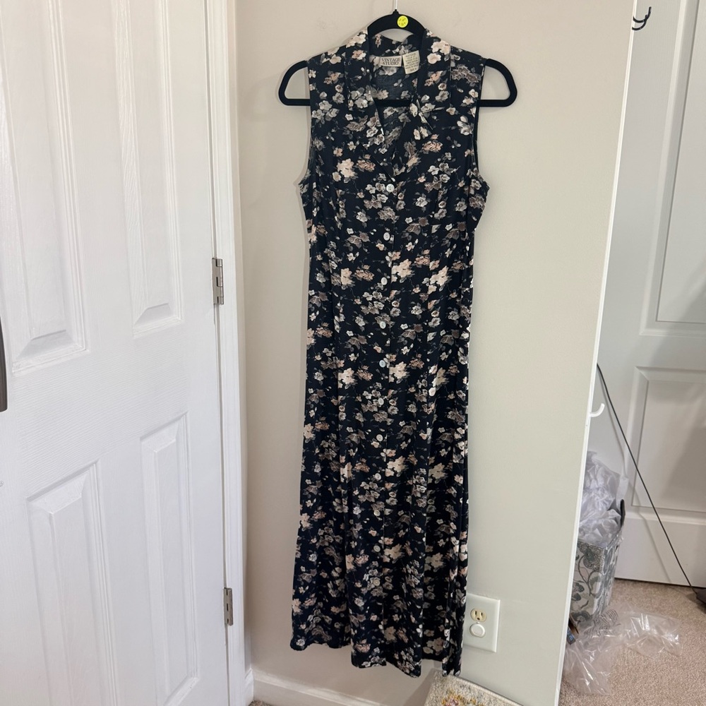 Vintage Studio Black Maxi Dress with Cream Floral Print Size 6